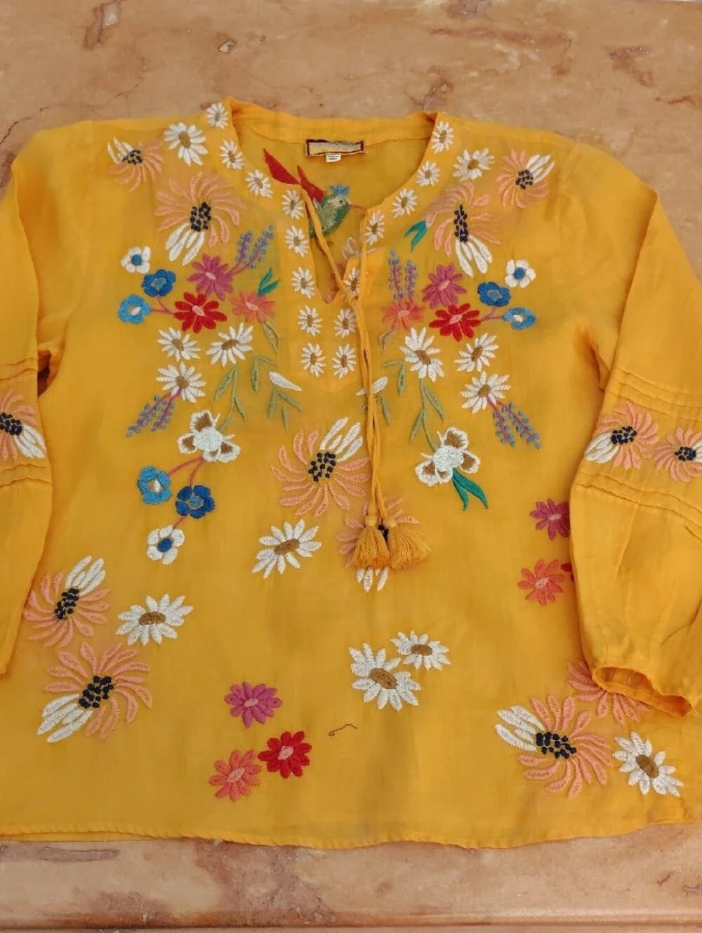Mustard Yellow Embroidered Floral Pullover with Tassels - Picture 4 of 5